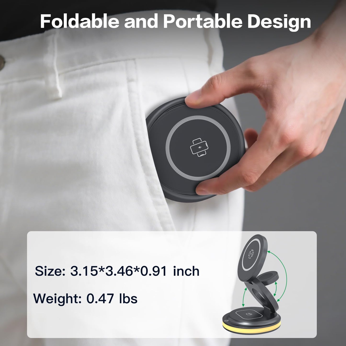 ZealSound 3-in-1 Foldable Magnetic Wireless Charger Stand – 15W Fast Charge with Night Light & Includes 30W Adapter, Portable Charging Pad for iPhone, Apple Watch & AirPods 2/3, Home, Office, Travel