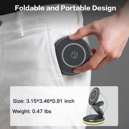 ZealSound 3-in-1 Foldable Magnetic Wireless Charger Stand – 15W Fast Charge with Night Light & Includes 30W Adapter, Portable Charging Pad for iPhone, Apple Watch & AirPods 2/3, Home, Office, Travel