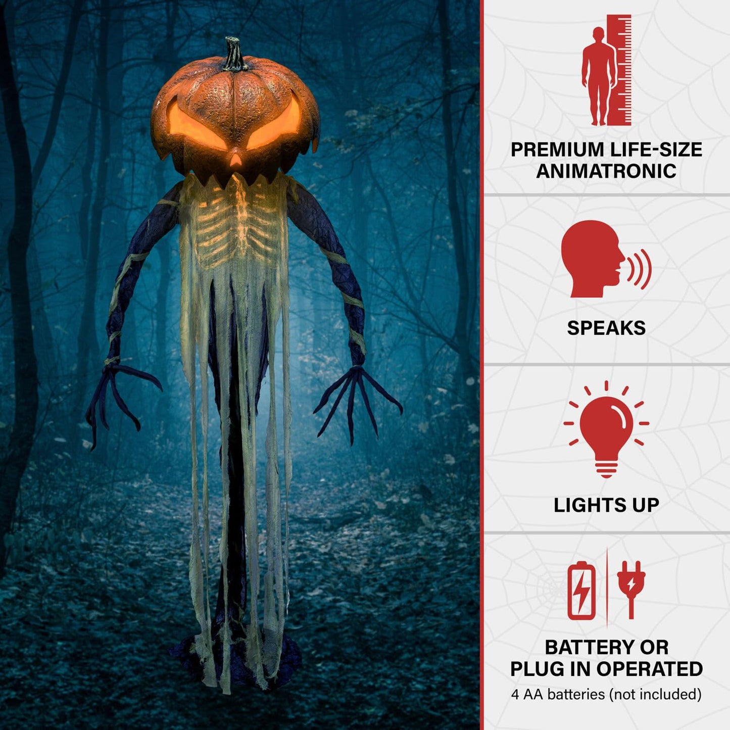 Haunted Hill Farm Pumpkin Sentinel by Tekky, Battery-Operated, Motion and Sound Activated Animatronic with Sound Effects and Lights for Indoor or Covered Outdoor Creepy Halloween Decoration