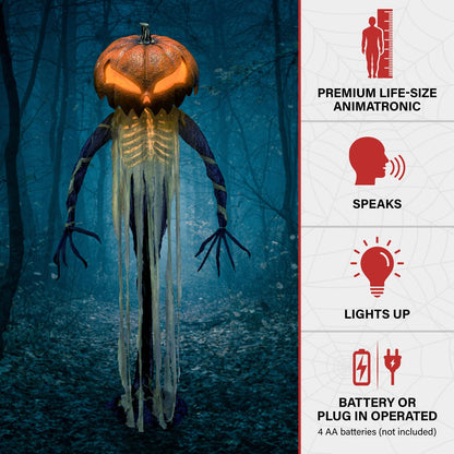 Haunted Hill Farm Pumpkin Sentinel by Tekky, Battery-Operated, Motion and Sound Activated Animatronic with Sound Effects and Lights for Indoor or Covered Outdoor Creepy Halloween Decoration