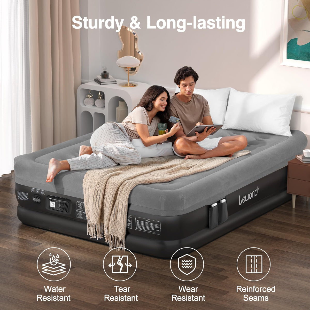Lewondr Queen Air Mattress with Built in Pump,18" Deluxe Blow Up Mattress Airbed, Comfy Self Inflating Air Mattress, 3Min Fast Inflatable Mattress for Camping, Home, Guests, Travel(661lb MAX), Gray