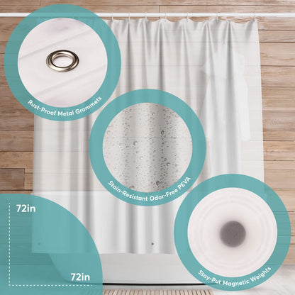 BigFoot Shower Curtain Liner – 72 x 72 PEVA Premium Shower Curtain with Rustproof Metal Grommet and 3 Magnetic Weights – Odor Free and Compatible with Standard Showers, White