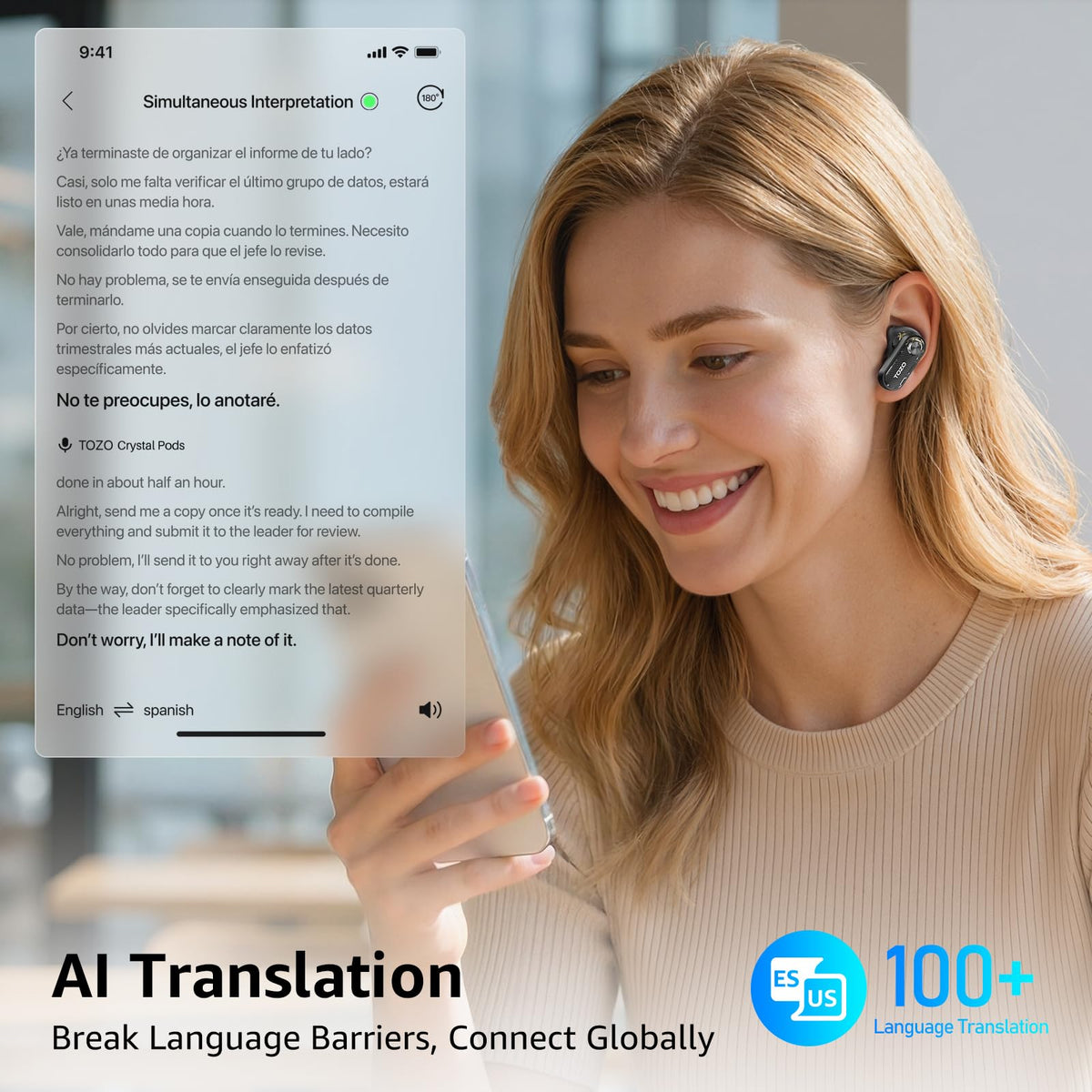 TOZO Crystal Pods Hybrid Active Noise Cancelling Wireless Earbuds, 10mm Drivers Deep Bass, 4 Mics Smart ENC AI Calls, Real-Time AI Translation, 32 EQ via App, Bluetooth 5.4, Crystal Design