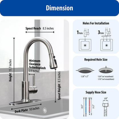 WEWE Touchless Kitchen Faucet with Pull Down Sprayer - Single Handle Kitchen Faucets Smart Motion Sensor Stainless Steel Brushed Nickel Sink Faucet