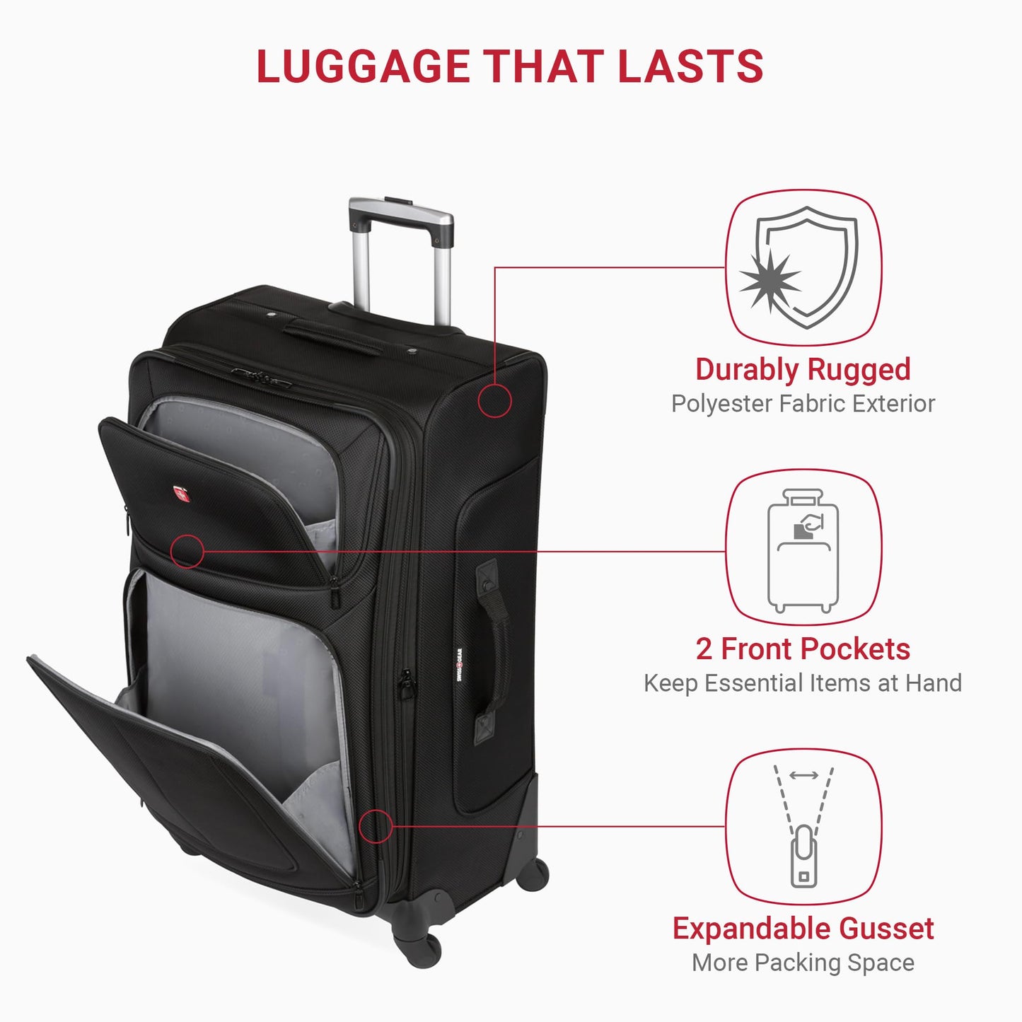 SwissGear Sion 3-Piece Set, Softside Expandable Luggage – 21 Inch Carry-On & 25 & 29 Inch Checked Suitcases with 360 Degree Wheels & Retractable Handles – Black