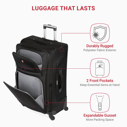 SwissGear Sion 3-Piece Set, Softside Expandable Luggage – 21 Inch Carry-On & 25 & 29 Inch Checked Suitcases with 360 Degree Wheels & Retractable Handles – Black