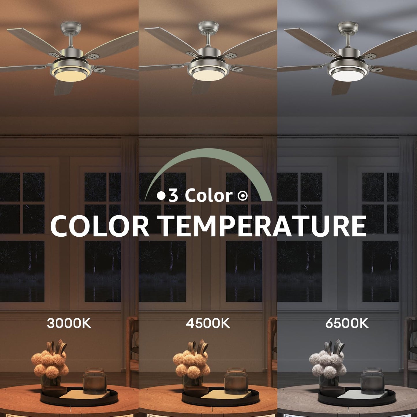 52 Inch Nickel Ceiling Fans with Lights and Remote Control for Bedroom, Modern Ceiling Fan with Quiet Reversible DC Motor, 3CCT, Dimmable, LED for Living Room, Patio, Indoor and Outdoor