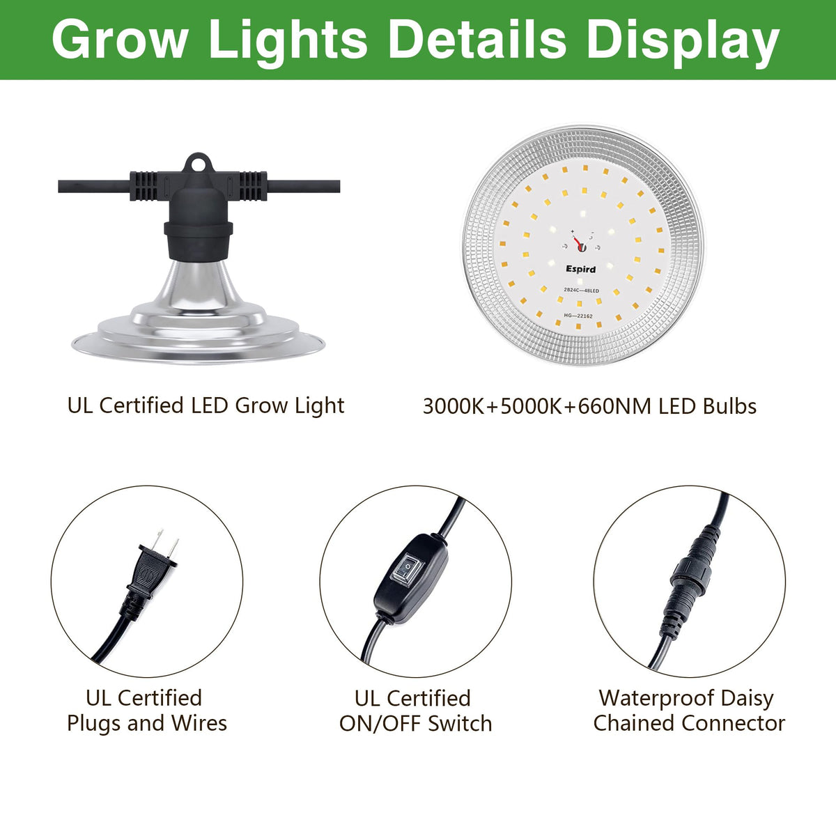 Espird Outdoor Grow Lighs,22FT Waterproof String Grow Light,Full Spectrum Grow Light Strip, Outdoor Grow Light for Veg Seedling Flower in Greenhouse, Garden, Backyard, Farm (6-Light)