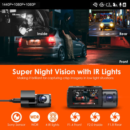 VANTRUE N4 3 Channel Dash Cam, 4K+1080P Dual Channel, 1440P+1440P+1080P Front Inside Rear Three Way Triple Car Dash Camera, IR Night Vision, Capacitor, 24 Hours Parking Mode, Support 256GB Max