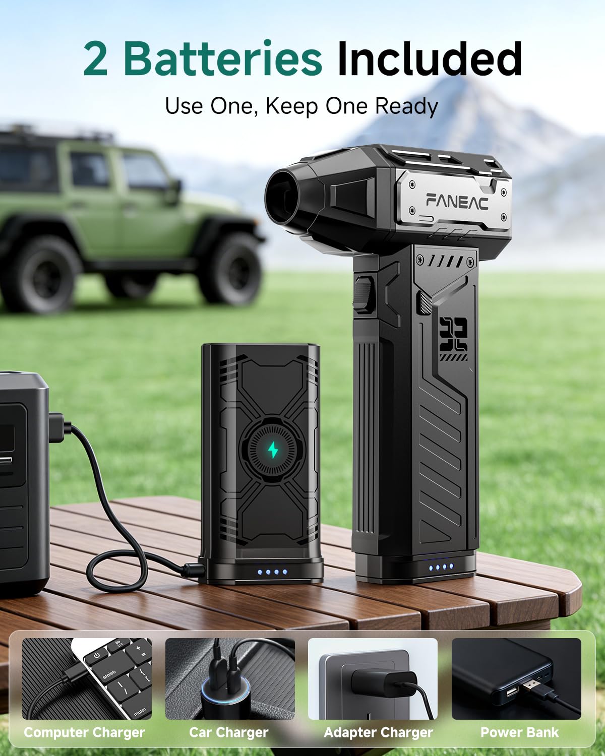 FANEAC X305 Compressed Air Duster with Extra Removeable Battery, 3-Speed Adjustable & 4 Nozzles, Ultra-Powerful 32mm 150,000 RPM BLDC, for Keyboard, Computer, House Cleaning