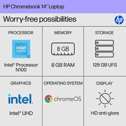 HP Chromebook 14 inch Laptop, HD Display, Intel Processor N100, 8 GB RAM, 128 GB UFS, Intel UHD Graphics, Chrome OS, Chalkboard Gray, 14a-nf0099nr