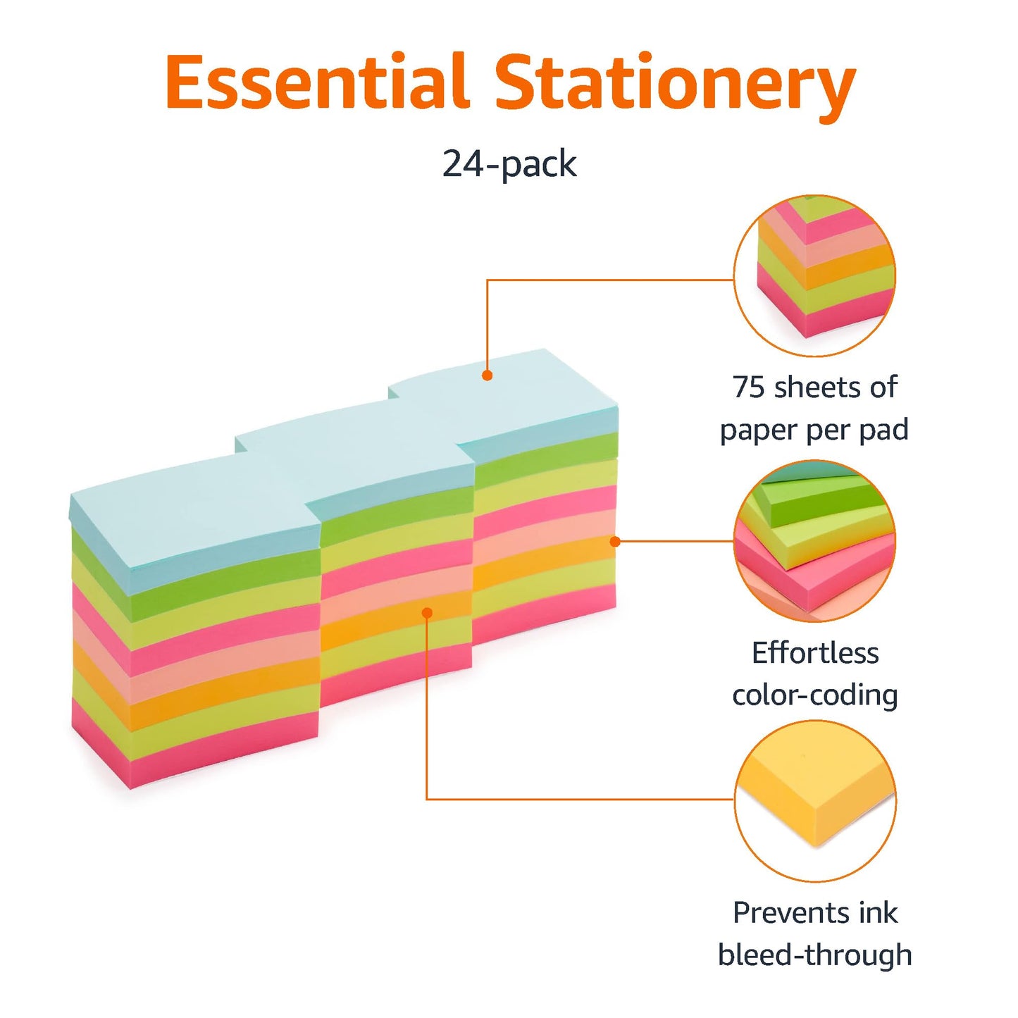 Amazon Basics Mini Rectangular Sticky Notes, 1.5x2 Inches, Bright Colors Self-Stick Pads, Easy to Post for Home, Office, Notebook, 70 sheets/Pad, Pack of 24