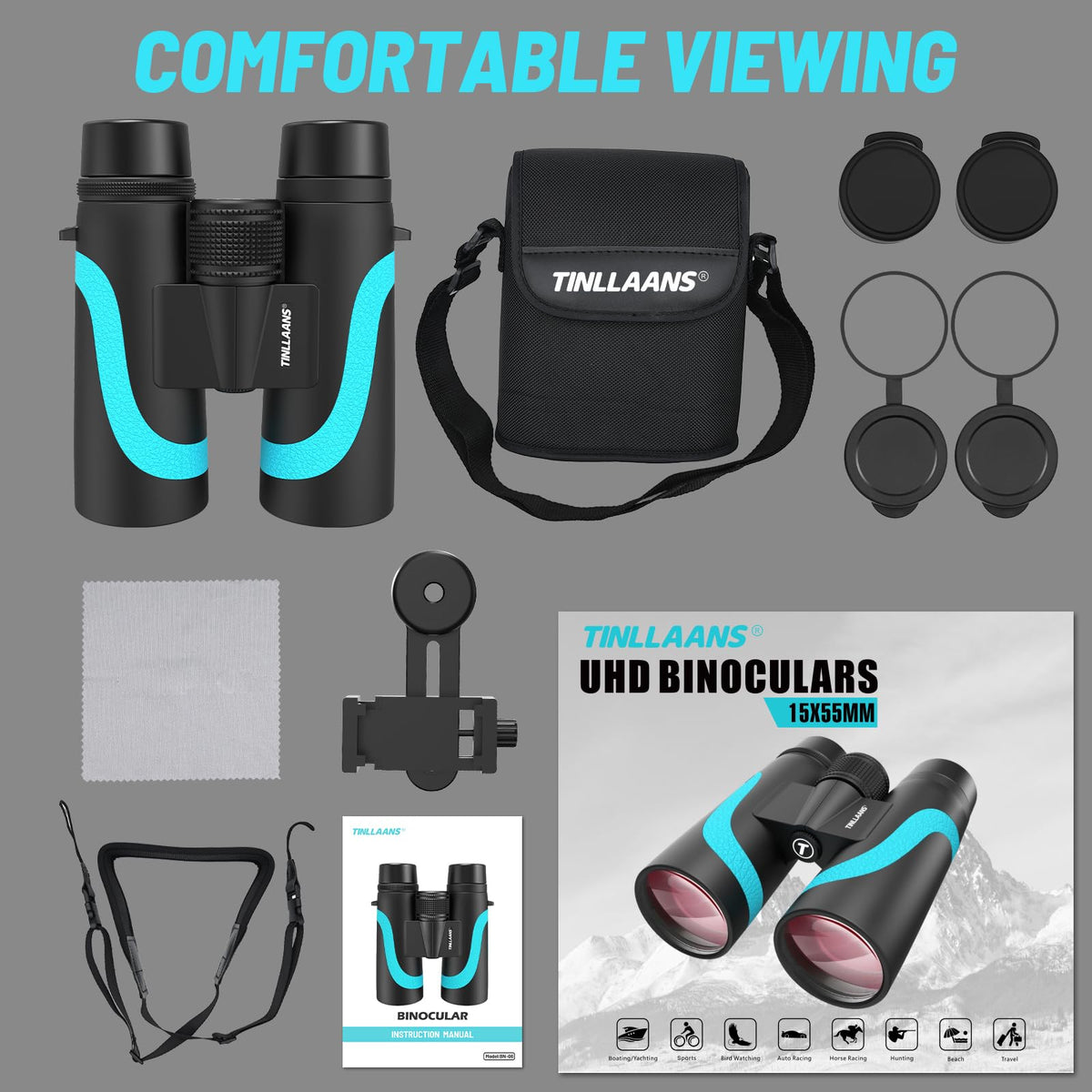 Tinllaans 15x55 HD Binoculars for Adults, High Powered, Large View, BAK4 Prism, Waterproof, Lightweight for Bird Watching, Hiking, Travel, Cruise Trip with Phone Adapter (Blue)