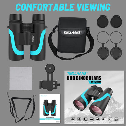 Tinllaans 15x55 HD Binoculars for Adults, High Powered, Large View, BAK4 Prism, Waterproof, Lightweight for Bird Watching, Hiking, Travel, Cruise Trip with Phone Adapter (Blue)