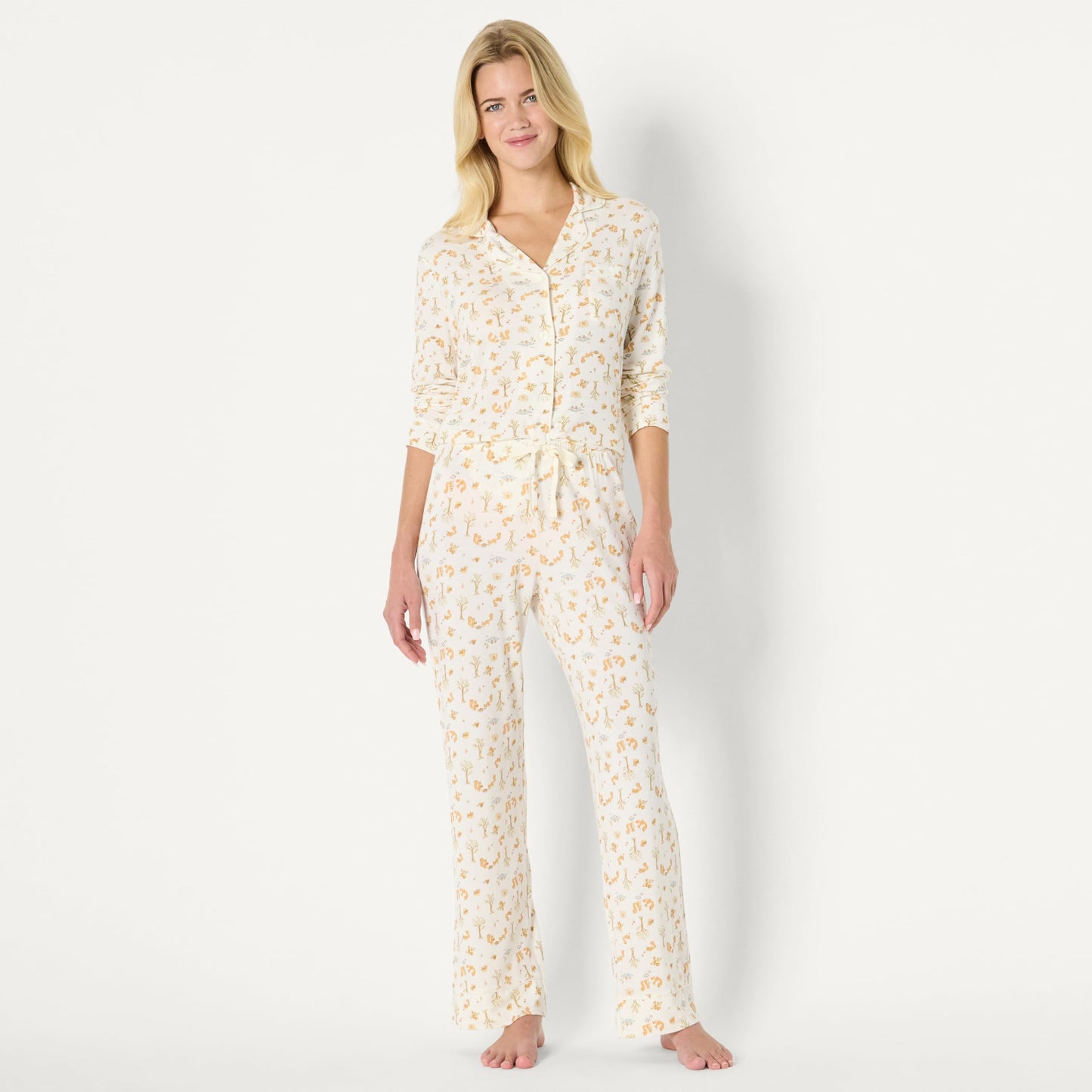 Amazon Essentials x Sofia Grainge Women's Stretch Modal Long-Sleeve and Full-Length Bottom Pajama Set, Ivory Squirrel Picnic, Large