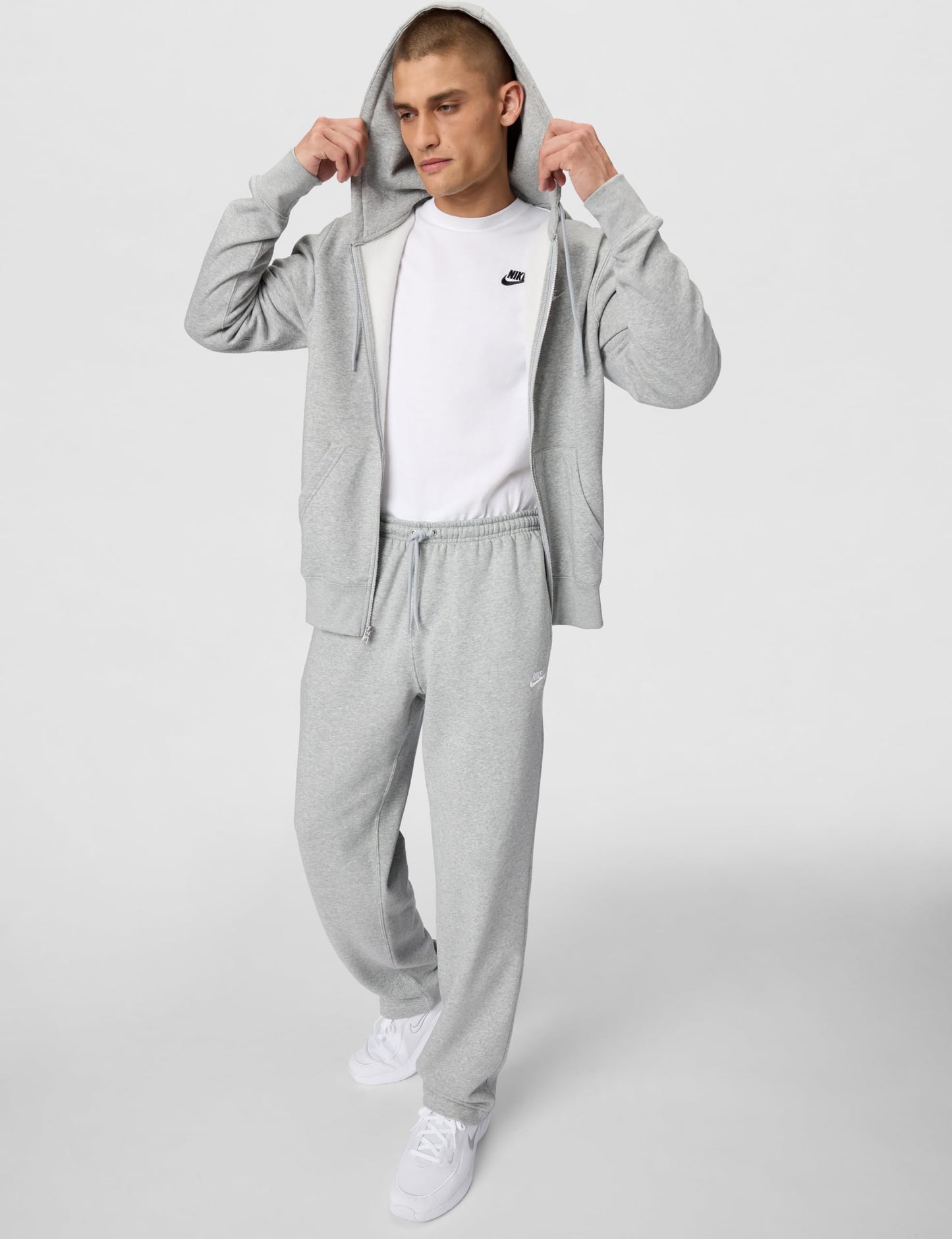 Nike Men's Club Open Hem Brushed Fleece Pants, Dark Grey Heather/Light Smoke Grey/White, Large