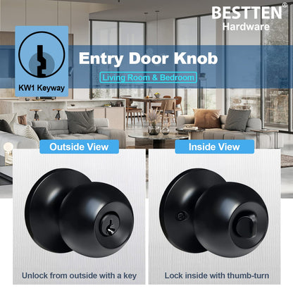 BESTTEN Keyed Entry Door Knob, Entrance Door Lock, Standard Ball, All Metal, Matte Black