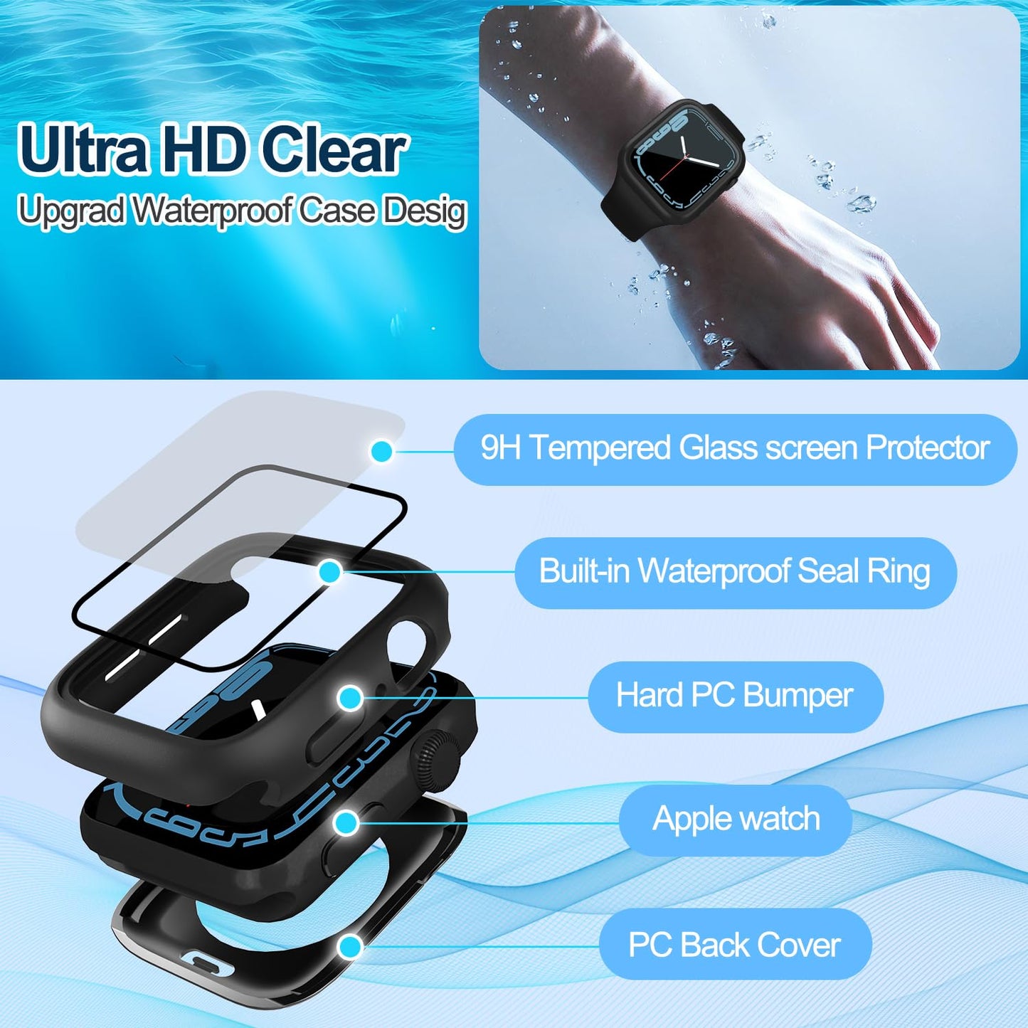 YIJDACASE 3 in 1 Waterproof Case for Apple Watch Screen Protector 44mm Series 4 5 6 SE 2nd Gen Accessories with Tempered Glass Film,Front and Back PC Bumper 360° Protective Face Cover for iWatch 44mm