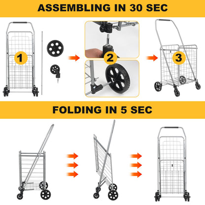 Shopping Cart with 360° Rolling Swivel Wheels, Portable Utility Cart for Grocery, Folding Shopping Cart with Waterproof Basket Liner, Collapsible Cart 120lbs, Sliver