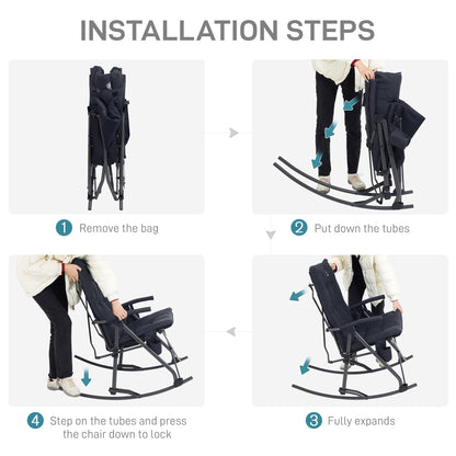 EVER ADVANCED Oversized Folding Rocking Camping Chair, Padded Portable Rocker Chairs for Patio, Lawn and Outdoors, Heavy Duty Hard Armchair for Adults Supports 400lbs, Black