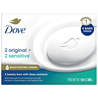 Dove Beauty Bar Soap Variety 4-Pack – Sensitive Skin, Fragrance-Free + Original, with Moisturizing Cream, 2.6 Oz Ea