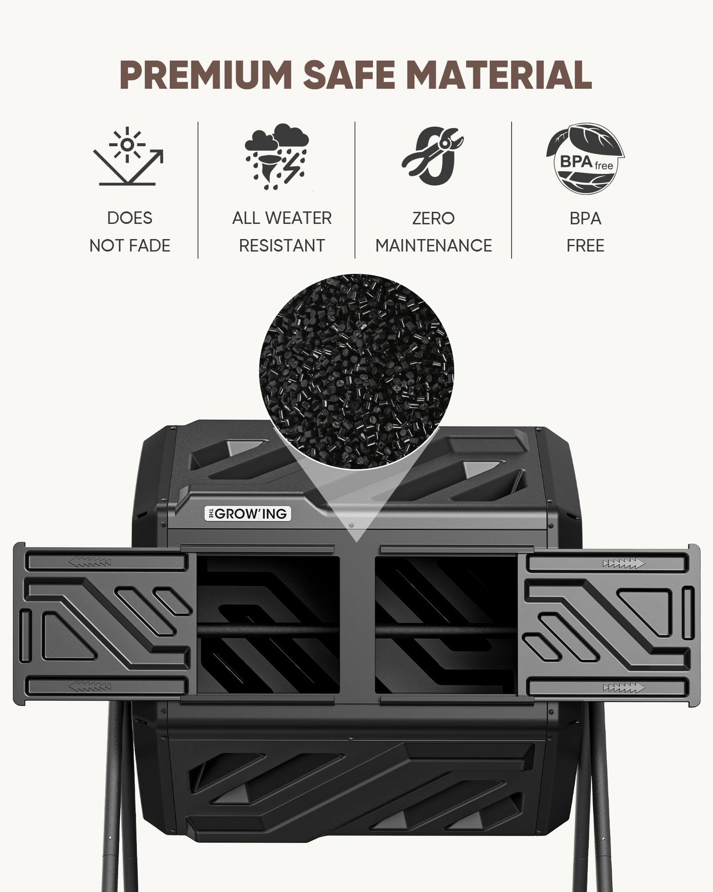 THEGROW'ING Updated 43 Gallon Compost Bin Outdoor, Fast Assemble Tumbling Composter, Dual Chamber Composter Tumbler, Rotating Compost Bin for Outside, Backyard, Garden and Yard, Black