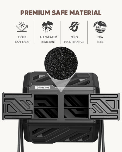 THEGROW'ING Updated 43 Gallon Compost Bin Outdoor, Fast Assemble Tumbling Composter, Dual Chamber Composter Tumbler, Rotating Compost Bin for Outside, Backyard, Garden and Yard, Black