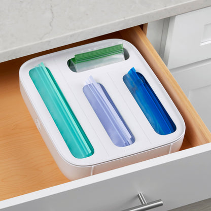StoraBag Drawer Food Bags Dispenser, 4-Slot, Plastic Sandwich Bag Organizer for Kitchen Storage, White