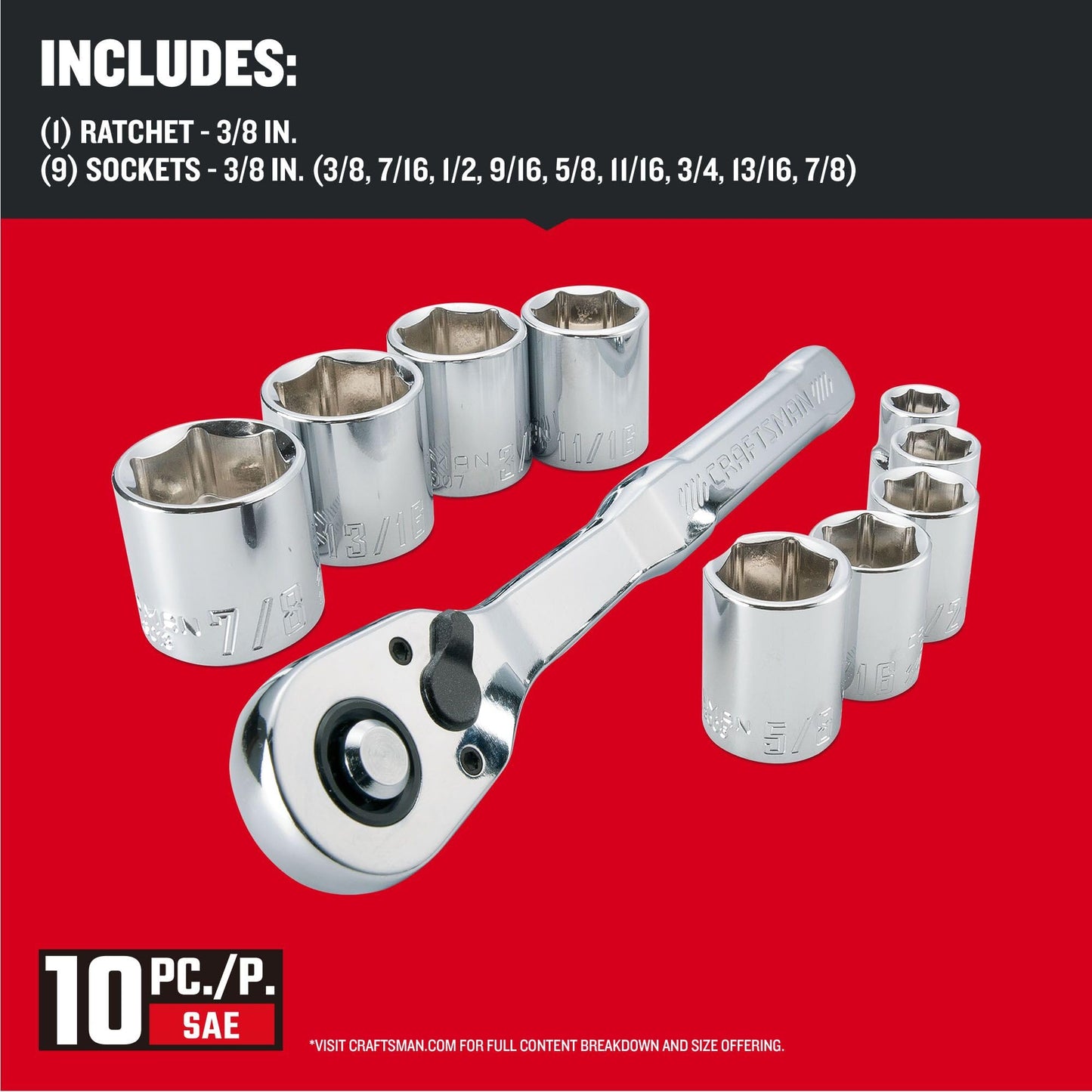 CRAFTSMAN Mechanics Tool Set with 72-tooth Low Profile Ratchet, SAE, 3/8 Inch Drive, 10 Piece (CMMT34563)