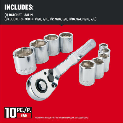 CRAFTSMAN Mechanics Tool Set with 72-tooth Low Profile Ratchet, SAE, 3/8 Inch Drive, 10 Piece (CMMT34563)