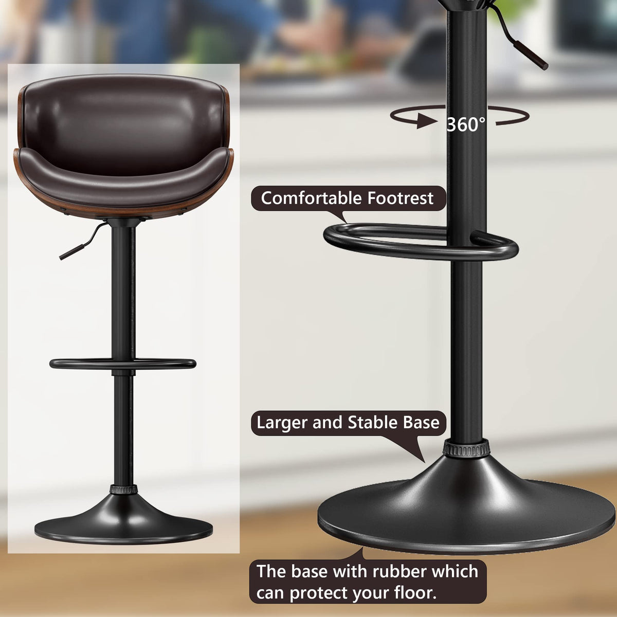 YaFiti Bar Stools Set of 4, Modern Pu Leather Swivel Adjustable Bar Stool Counter Height Stool Set, Bar Chair with Back and Footrest for Kitchen, Dining Room, Brown