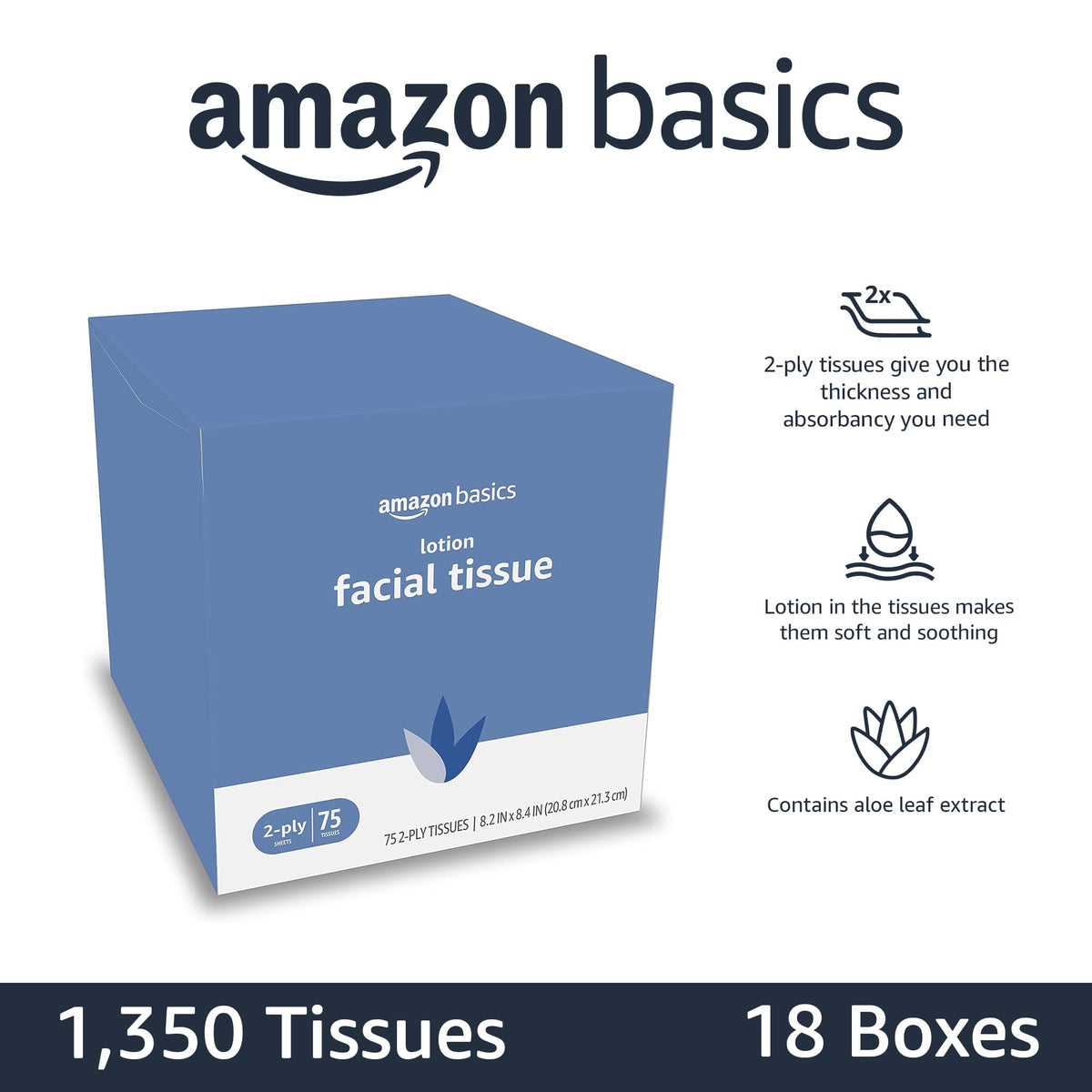 Amazon Basics Facial Tissue with Lotion, 2-Ply, 1350 Count (18 Packs of 75), (Packaging May Vary)