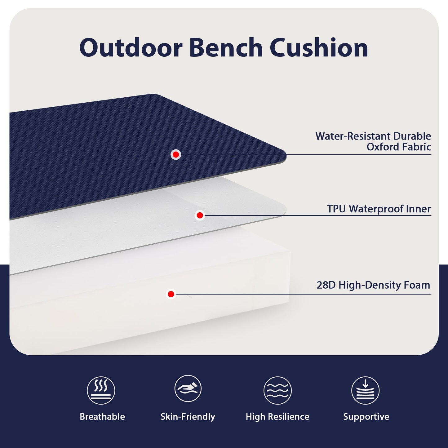 Favoyard Outdoor Bench Cushion 42 x 18 Inch Waterproof Patio Furniture Cushions 3-Year Color Fastness Garden Sofa Settee Couch Swing Pads with Handle and Adjustable Straps, Blue