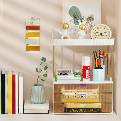 StorBin 3 Large Drawers Makeup Organizer - 5 Tier Bathroom Counter Organizers and Storage, Versatile Perfume Vanity Organizer, Ideal for Cosmetic, Large Skincare, Face Mask, Office Supplies, Amber