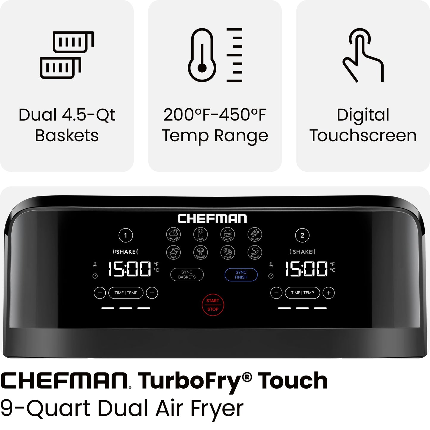 Chefman TurboFry Touch Dual Air Fryer, Maximize The Healthiest Meals With Double Basket Capacity, One-Touch Digital Controls And Shake Reminder For The Perfect Crispy And Low-Calorie Finish