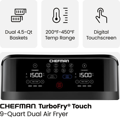 Chefman TurboFry Touch Dual Air Fryer, Maximize The Healthiest Meals With Double Basket Capacity, One-Touch Digital Controls And Shake Reminder For The Perfect Crispy And Low-Calorie Finish