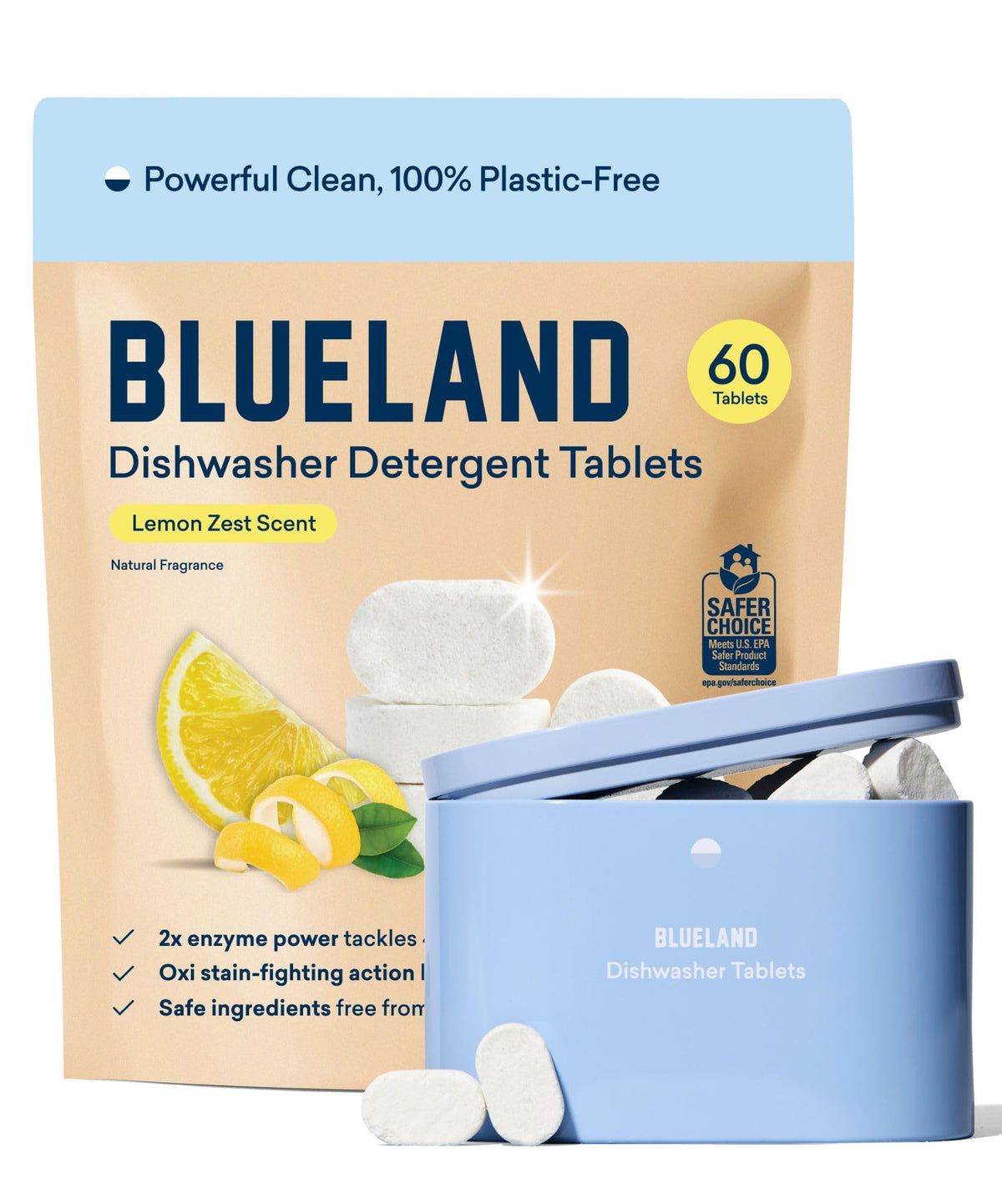 BLUELAND 100% Plastic-Free Dishwasher Detergent Tablets, Starter Set, 60 Count with tin, Lemon Zest, Eco-Friendly Dishwashing Pods, Natural, USDA Certified biobased