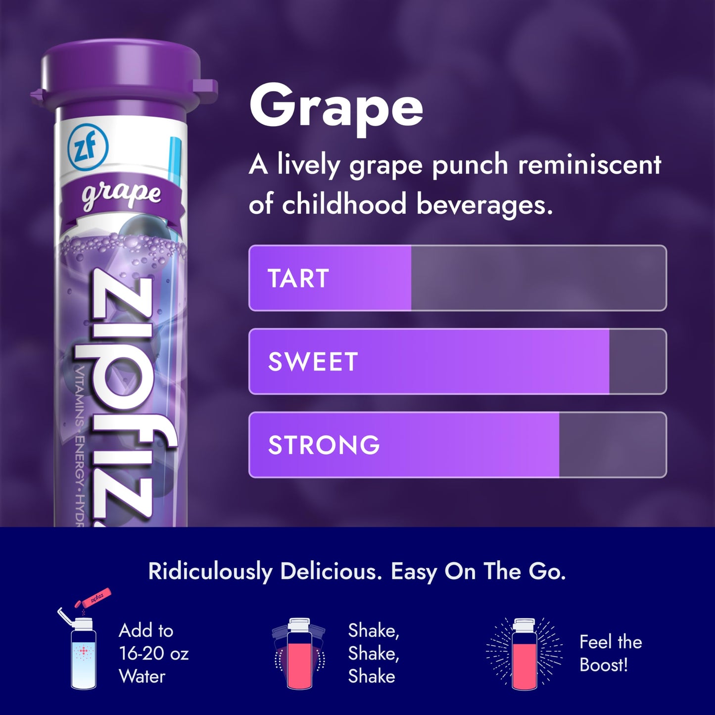 Zipfizz Daily Energy Drink Powder, Grape, 12 Pack | 3-in-1 Sustained Energy, Rapid Hydration, and Essential Vitamins | Sugar-Free | Electrolyte Powder | Contains Vitamin B-12 & Antioxidants