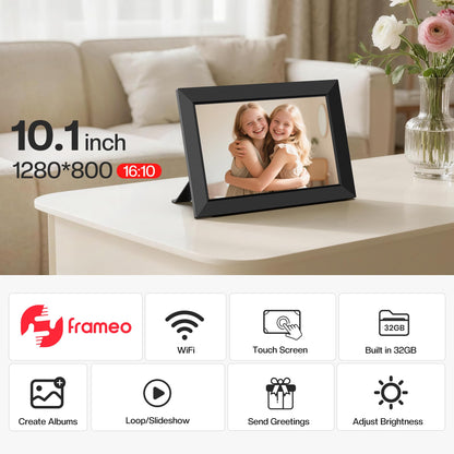 Frameo 10.1 Inch WiFi Digital Picture Frame, Smart Cloud Electronic Photo Frame with HD IPS Touch Screen Slideshow 32GB Memory Auto-Rotate Wall Mount, Share Photos/Videos from Phone by Frameo App
