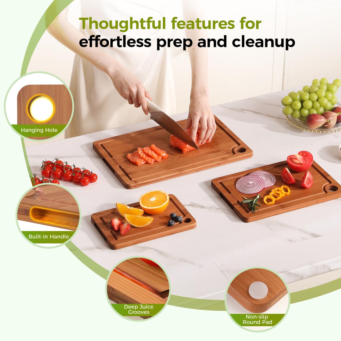 BNBUN Bamboo Cutting Board for Kitchen, Wooden Cutting Board 3-Piece Set with Non-Slip Mat Deep Juice Groove and Built-In Handles, Wood Cutting Board for Meat Vegetables Fruit Ideal Gift for the Home