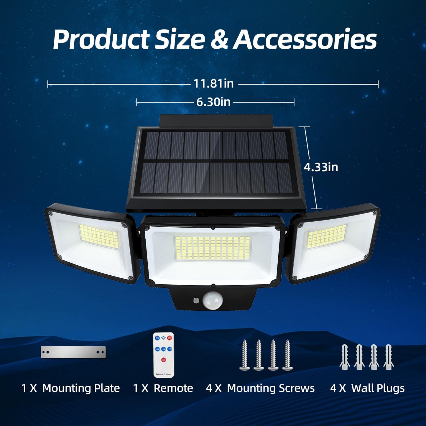 Solar Outdoor Lights with Remote Control, Motion Sensor, 3 Modes, 3 Heads LED Security Lights, IP65 Waterproof, Wide Angle
