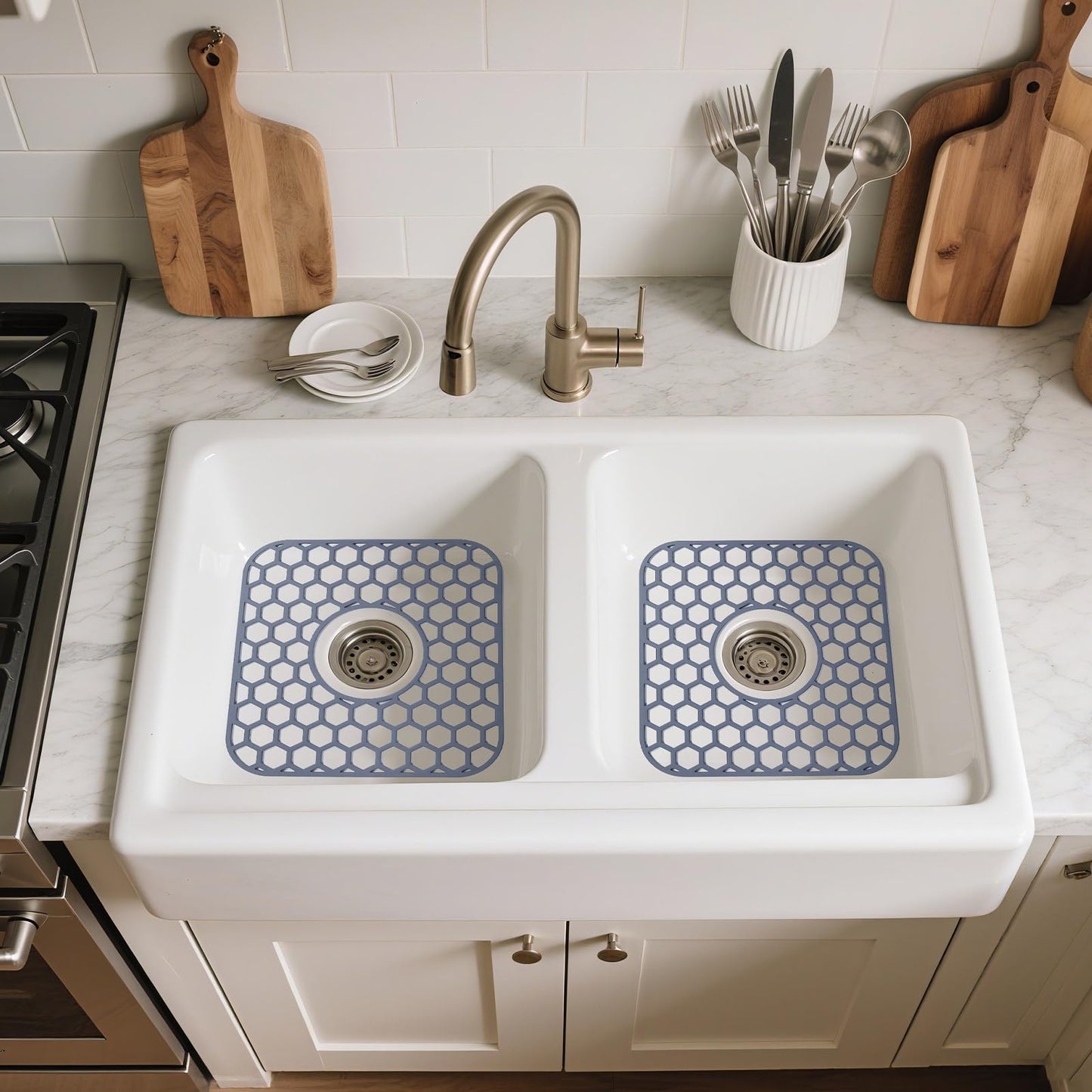 Bestjing 2 Pack Silicone Sink Protectors for Kitchen Sink with Center Drain - 12" x 11" Kitchen Accessory, Non-Slip Heat-Resistant Mat for Bottom of Porcelain Stainless Steel, Dishwasher Safe