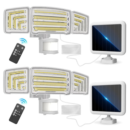 Energetic Solar Outdoor Lights, 1800LM 150 LED Security Motion Sensor Outdoor Lights with Remote Control, IP65 Waterproof Floodlight, 3 Head Motion Detected Spotlight for Garage, Pack of 2 (White)
