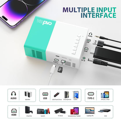 wepvo Projector Mini Portable Outdoor Movie Projectors, LED Pico Video Projector for Home Theater Film Projectors, Compatible with Smartphone/ Tablet/ Laptop/ TV Stick/ PS/ USB