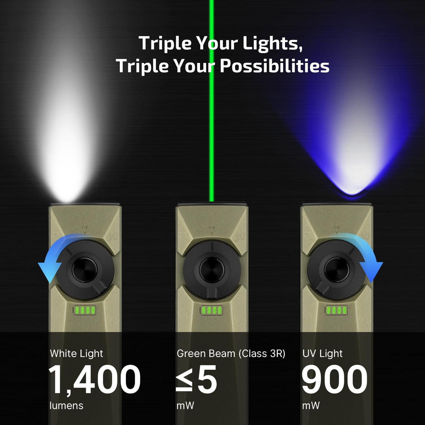 OLIGHT Arkfeld Ultra 1400 Lumens EDC Flat Flashlight, Rechargeable Compact Pocket Flash Light Combines White LED, UV and Green Beam, Triple Sources Perfect for Checking, Working (Olive-Green)