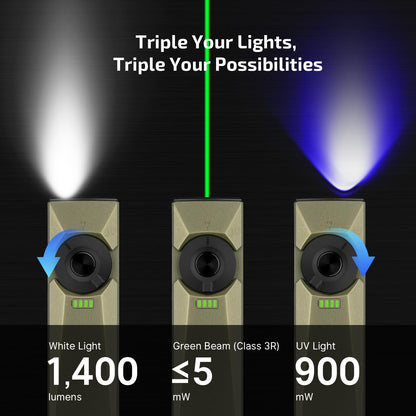 OLIGHT Arkfeld Ultra 1400 Lumens EDC Flat Flashlight, Rechargeable Compact Pocket Flash Light Combines White LED, UV and Green Beam, Triple Sources Perfect for Checking, Working (Olive-Green)