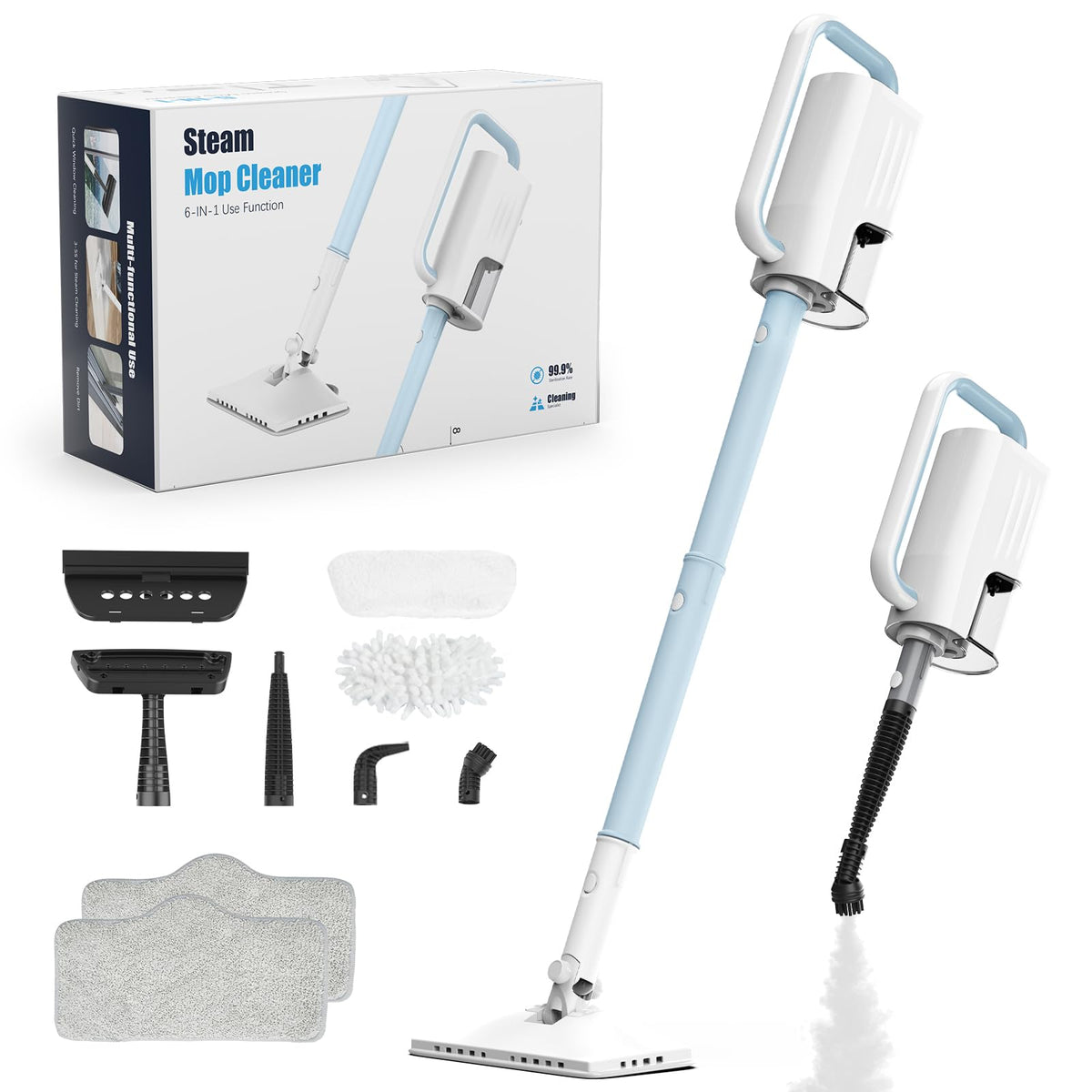 Steam Cleaner, 6 in1 Rotated Steam Mop Cleaner with 2 Modes, 2 Microfiber Pads, 400ML Removable Tank, 23FT Power Cable, Detachable Steam Mops for Floor, Laminate Floor, Tiles Cleaning (Deepwater Blue)