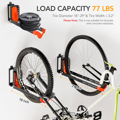 2-Pack Swivel Bike Rack Wall Mount, Bike Hangers for Garage, Space-Saving Vertical Bike Holder, Holds up to 77 lbs, Bicycle Wall Hanger Storage, No Heavy Lifting Required Indoor Hanging Bike Rack