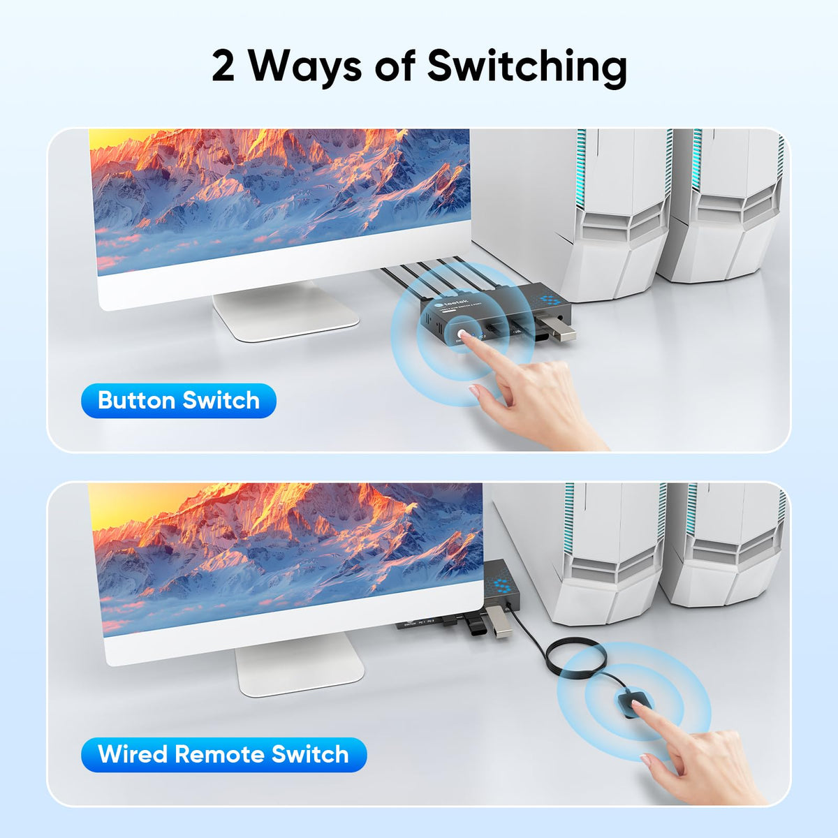 USB 3.0 HDMI KVM Switch 1 Monitors 2 Computers, 4K@60Hz KVM Switches for 2 Computers Sharing Monitor Keyboard Mouse Hard Drives Printer, with EDID Adaptive, 2USB Cable and Controller