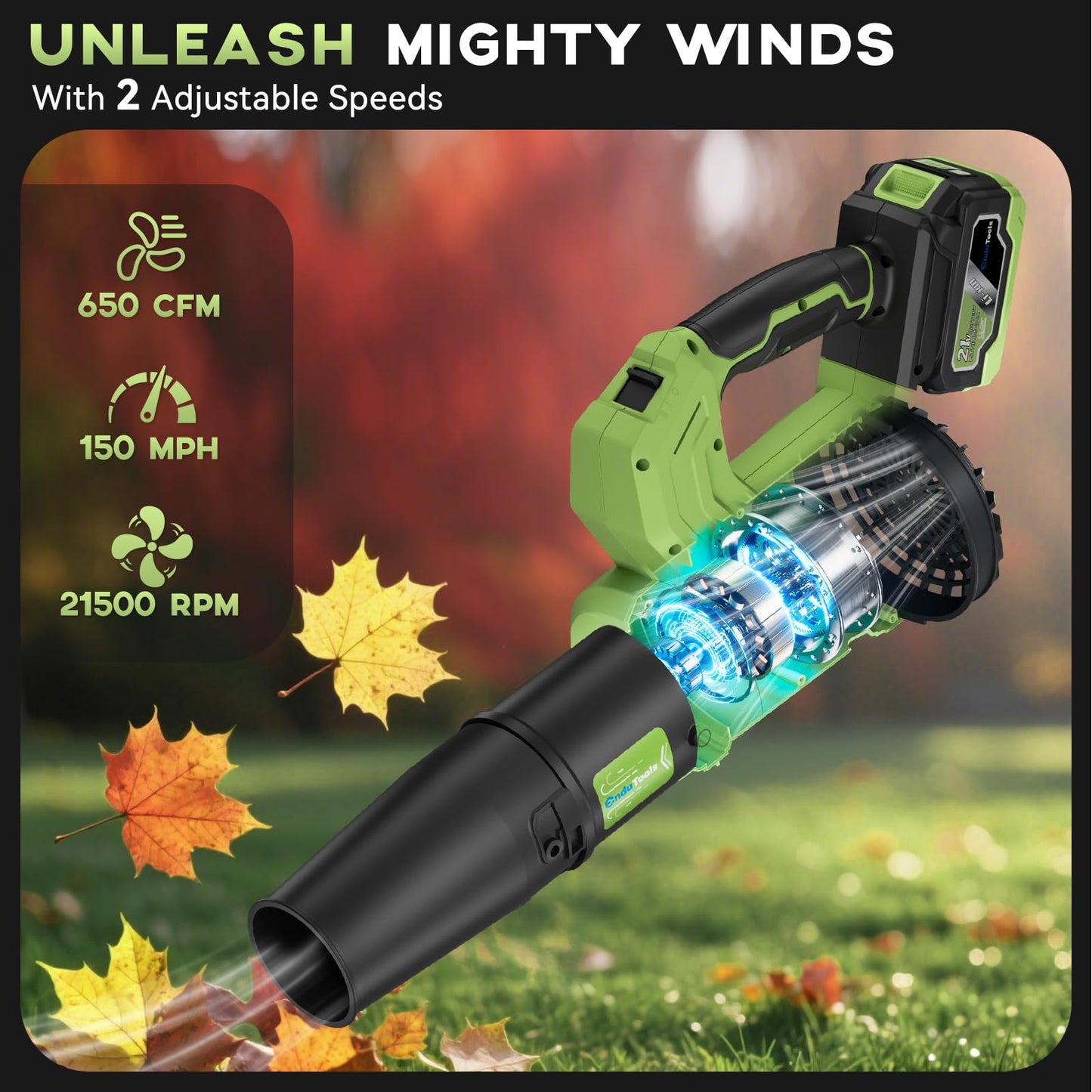 EnduTools Leaf Blower Cordless - 650 CFM 150 MPH Electric Leaf Blower with 2 x 4.0Ah Batteries & Fast Charger, 2-Speed Settings, Lightweight Blower for Lawn, Yard, Leaves, Dust, and Snow Care (Green)